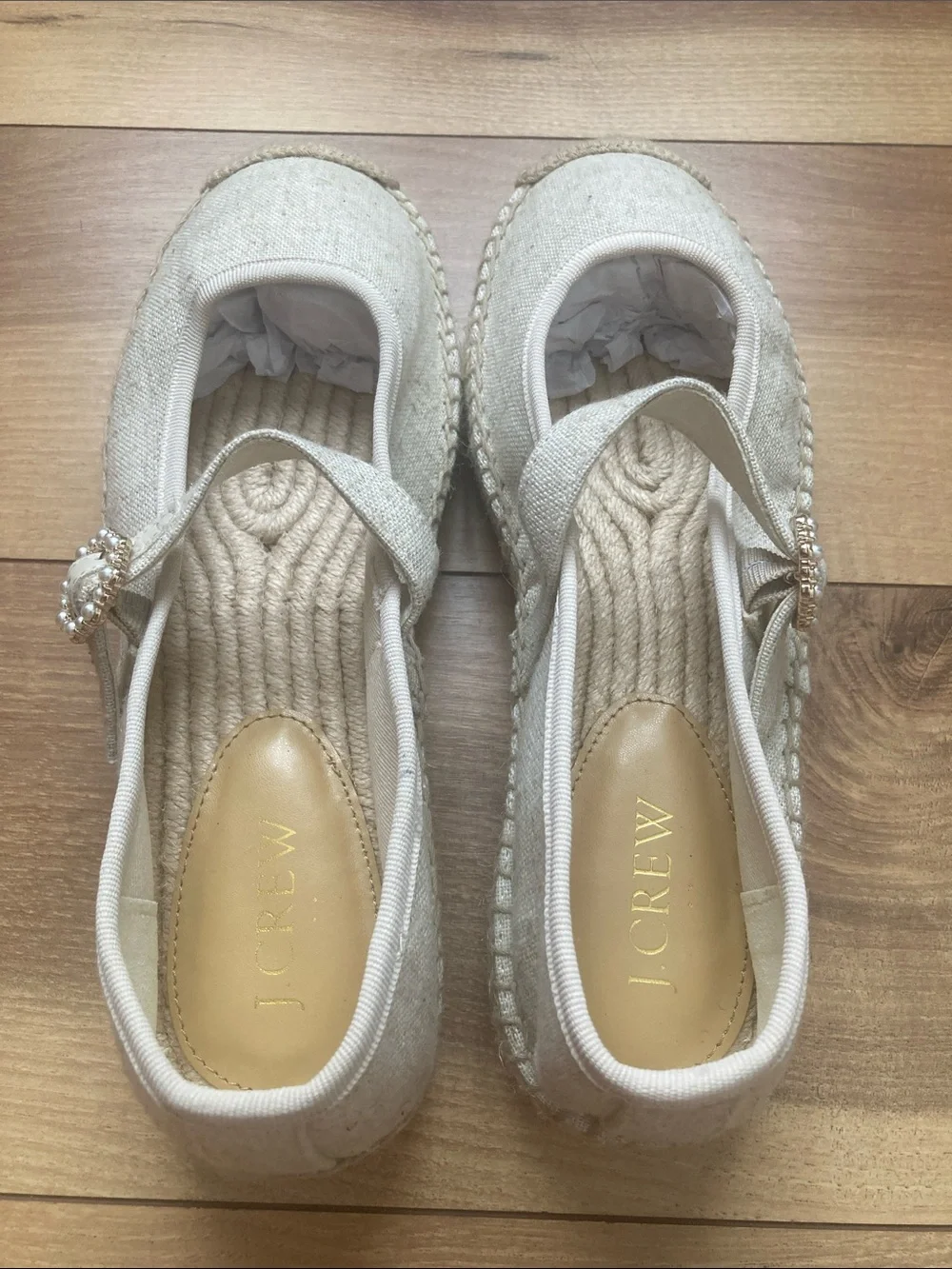 J. Crew Off White Linen Espadrille Mary Shane Flats With Pearl Buckle